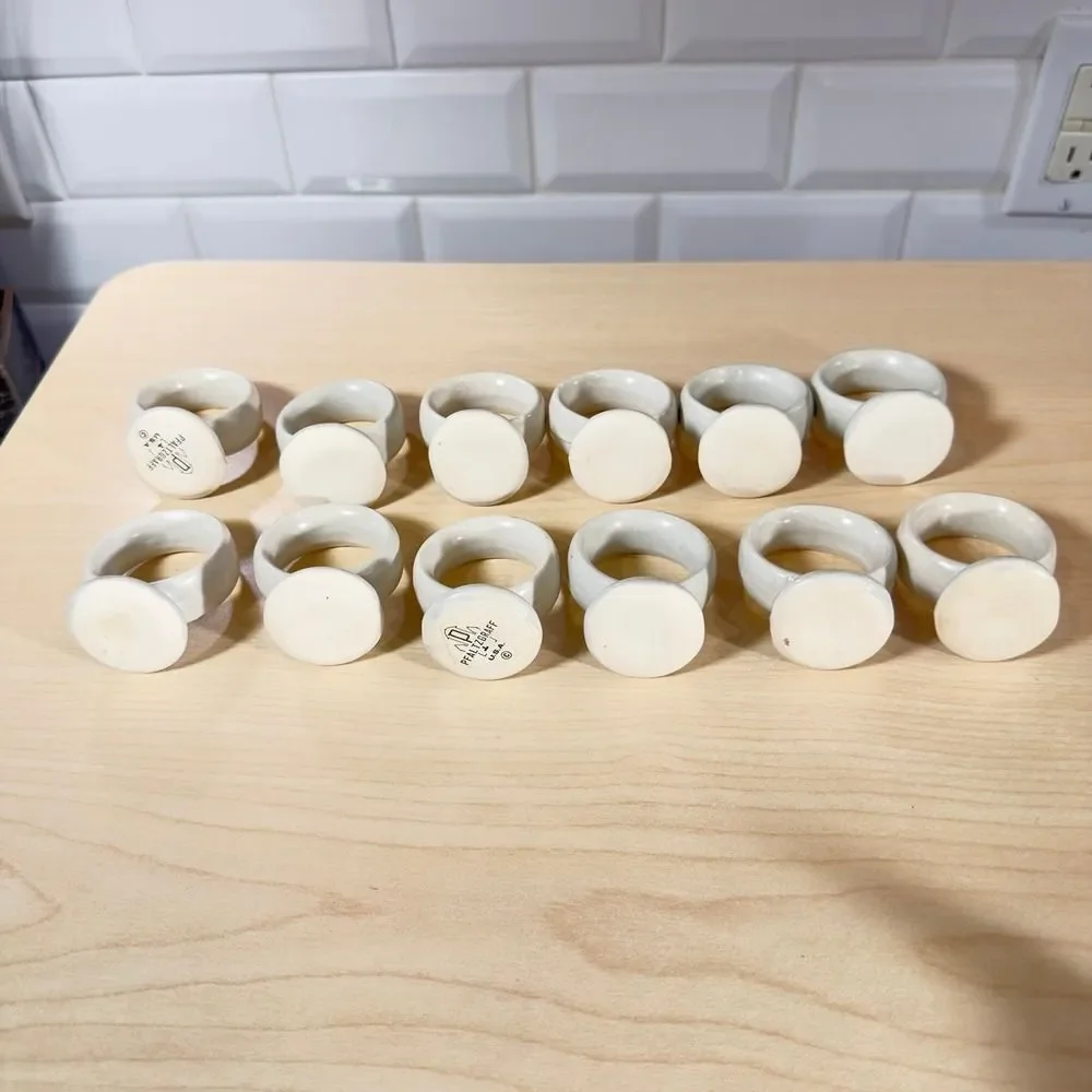 12 Napkin Rings Pfaltzgraff Yorktowne 1960s USA Blue White Stoneware  Vintage